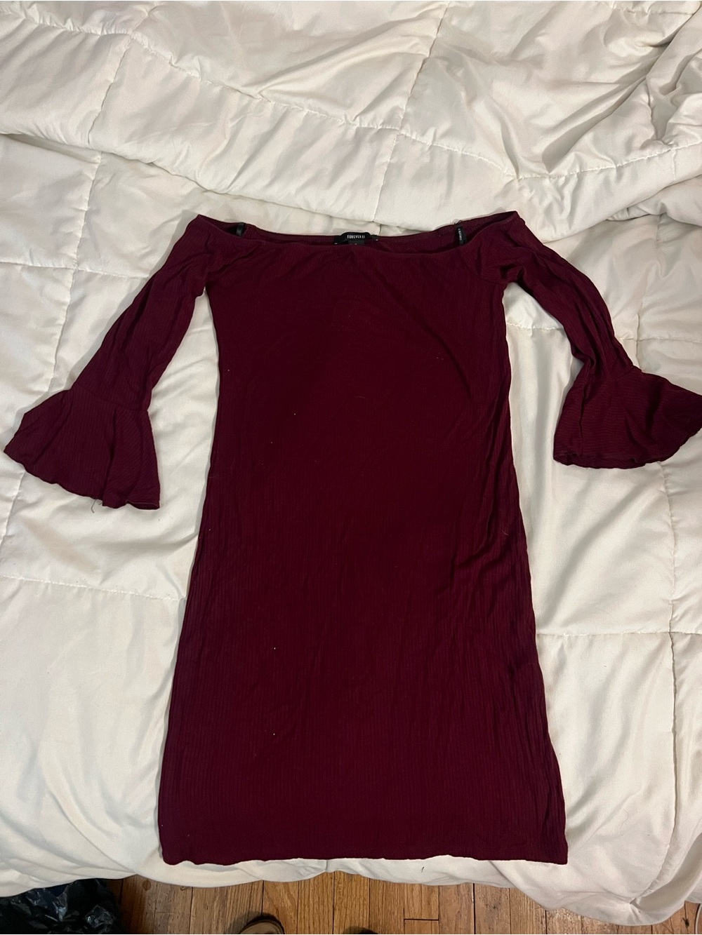 Forever 21 Off-Shoulder Bell Sleeve Dress in Burgundy